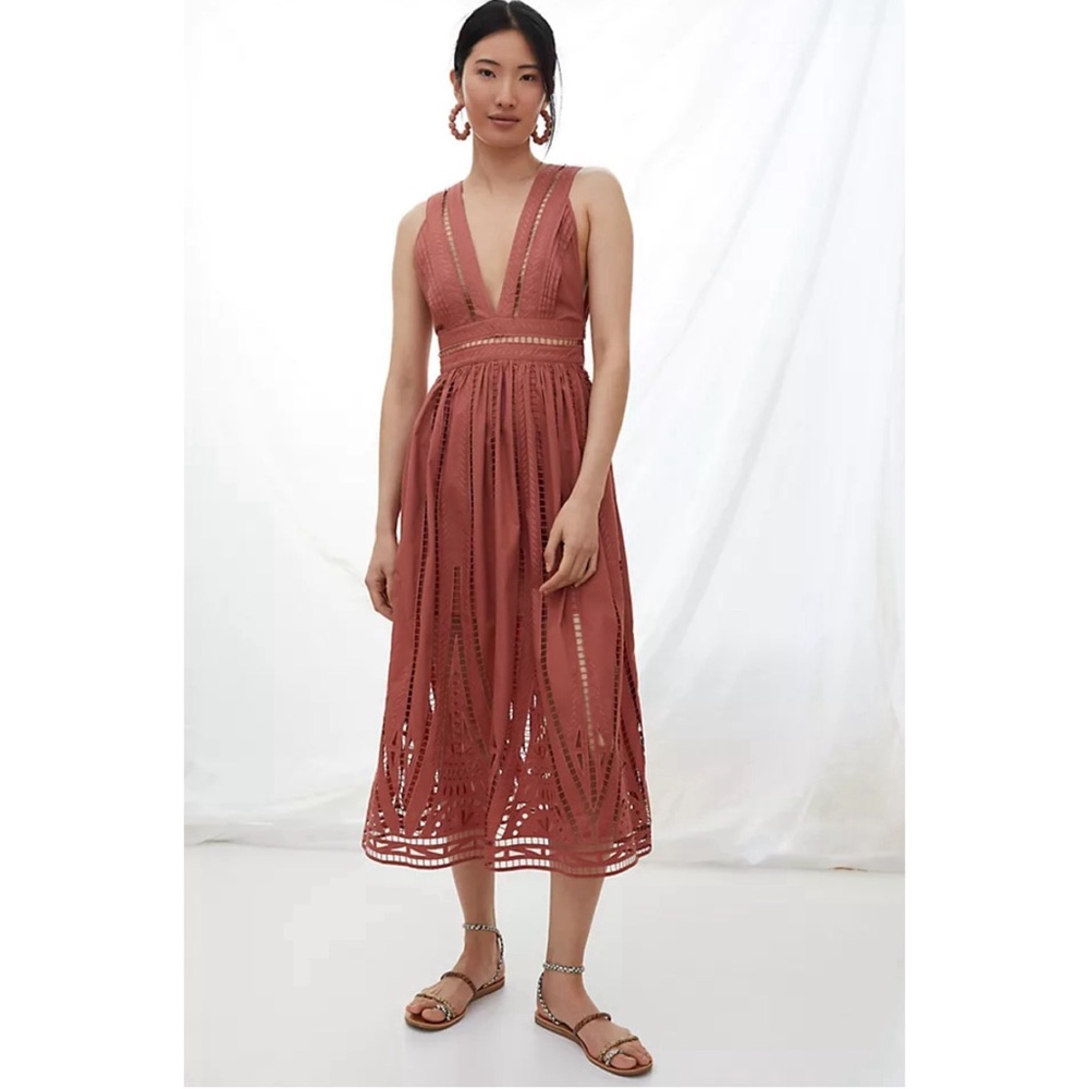 Magali Pascal x Anthropologie Alicia Embroidered Lace Midi Dress In Crimson NWT